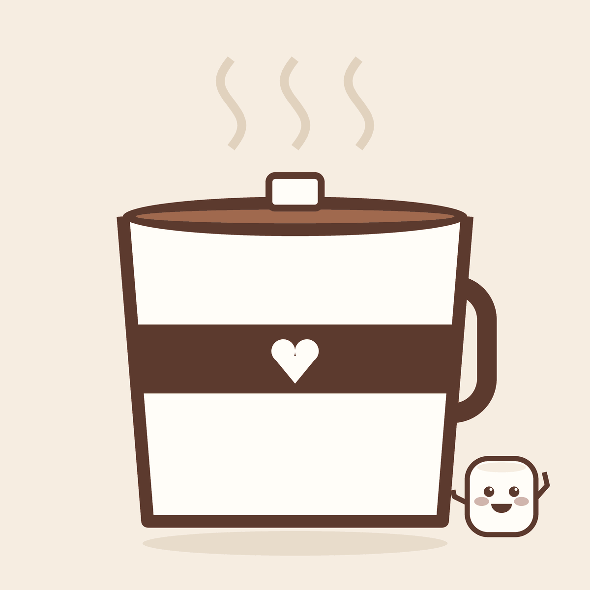 A mug of rich hot chocolate with a marshmallow on top and a cocoa-brown heart sleeve, with Mallow beside it