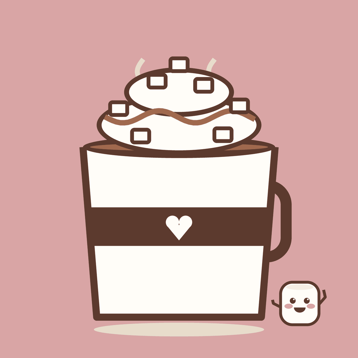A hot chocolate piled high with whipped cream, chocolate drizzle and marshmallows