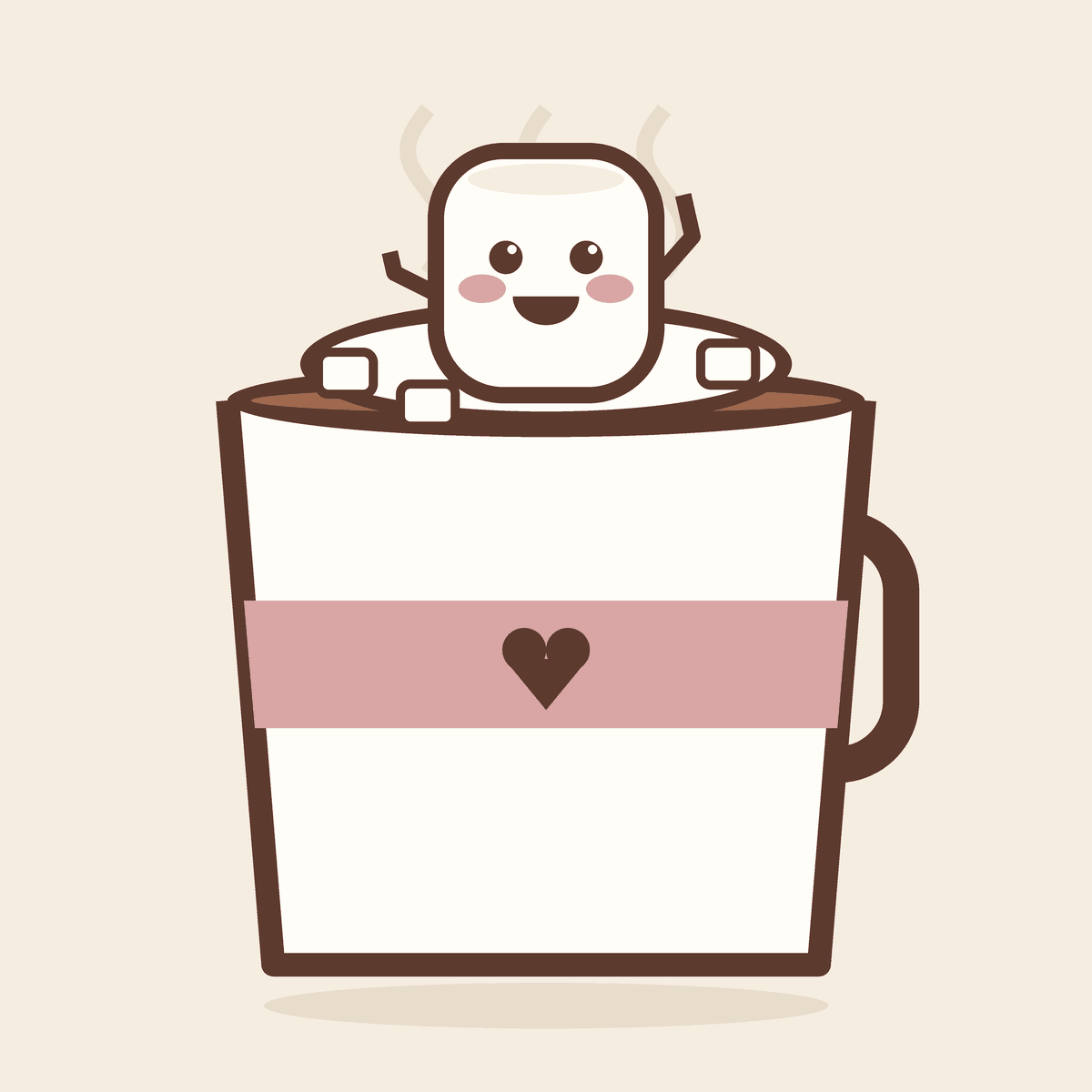 Mallow the marshmallow waving from a steaming mug of hot chocolate with a pink heart sleeve