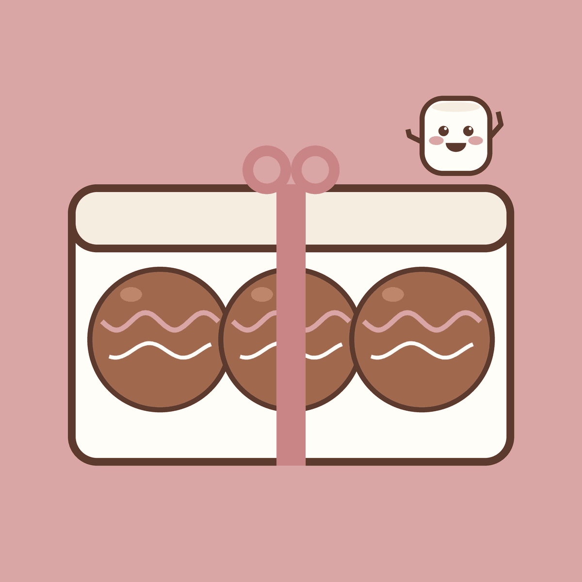 A cream gift box with a pink ribbon holding three chocolate Mallow Bombs