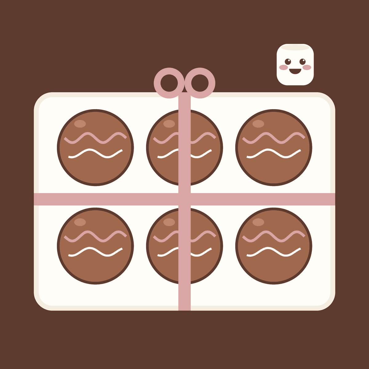 A gift box with a pink ribbon holding six chocolate Mallow Bombs