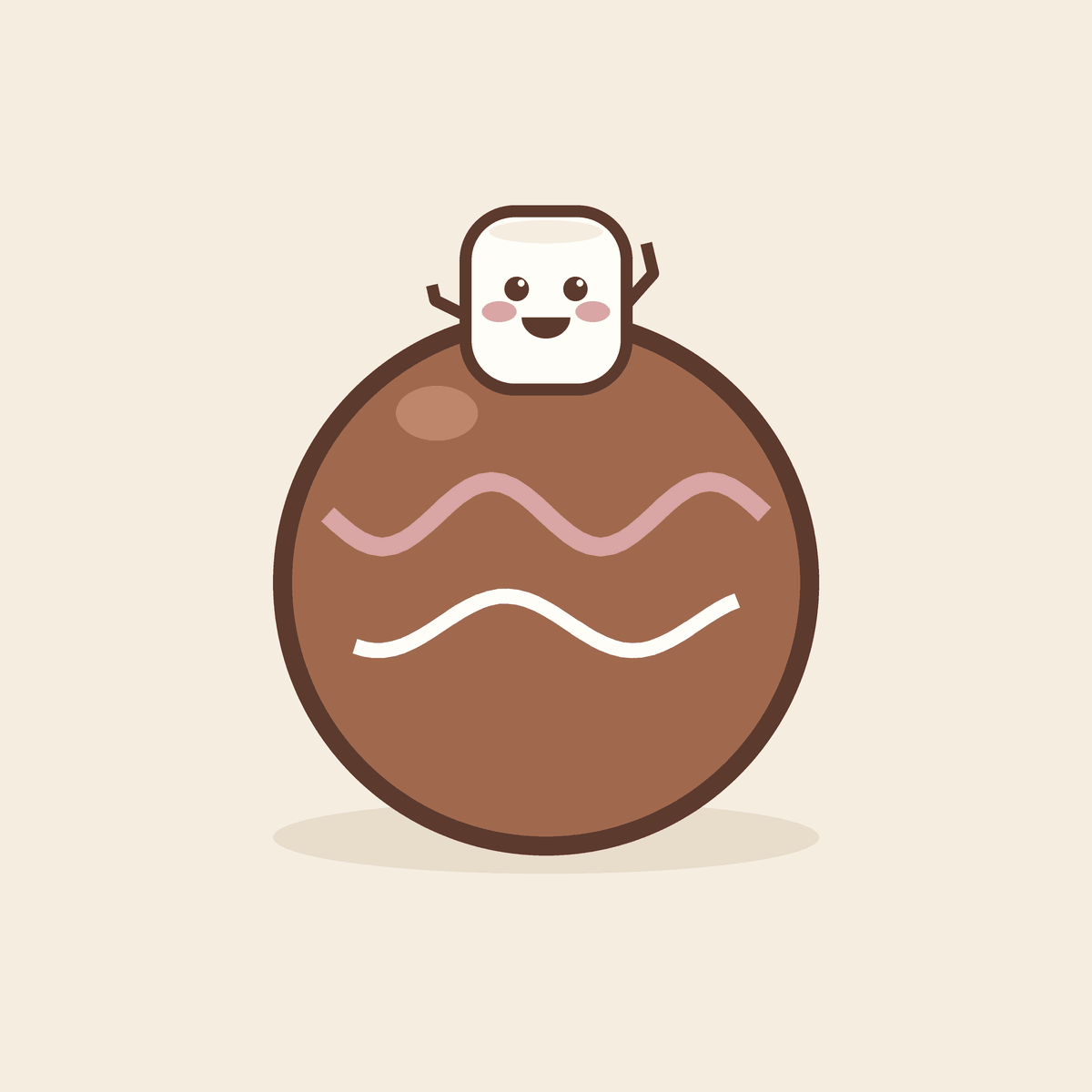 A chocolate hot chocolate bomb with pink drizzle, with Mallow the marshmallow peeking over the top